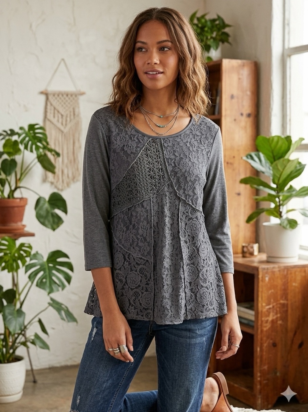 Indigo Soul Charcoal Gray Mixed Media Lace Patchwork Tunic Top Blouse XL